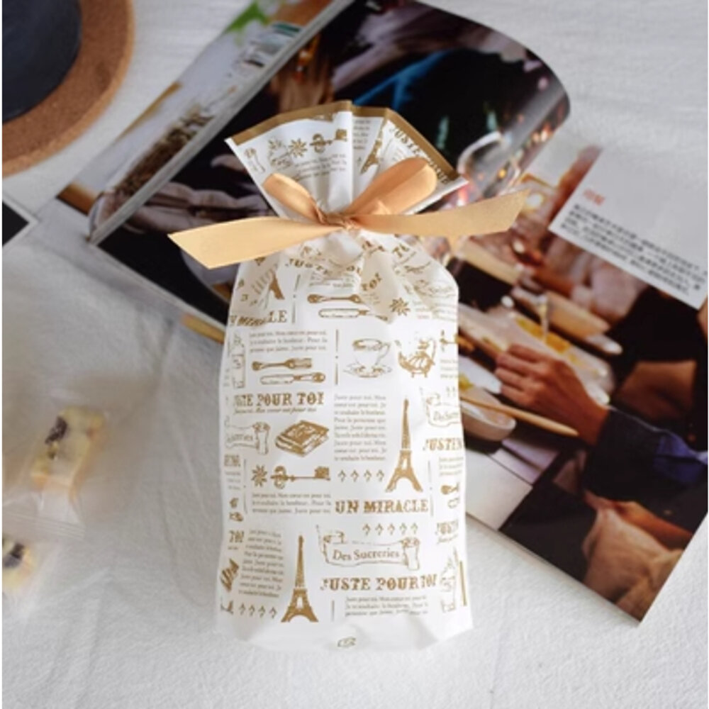23086153142-《巧緻》 金色鐵塔 抽繩袋 禮品袋 禮物袋 抽拉袋 餅乾袋 點心袋 西點袋 糖果袋 ，金色鐵塔抽繩袋