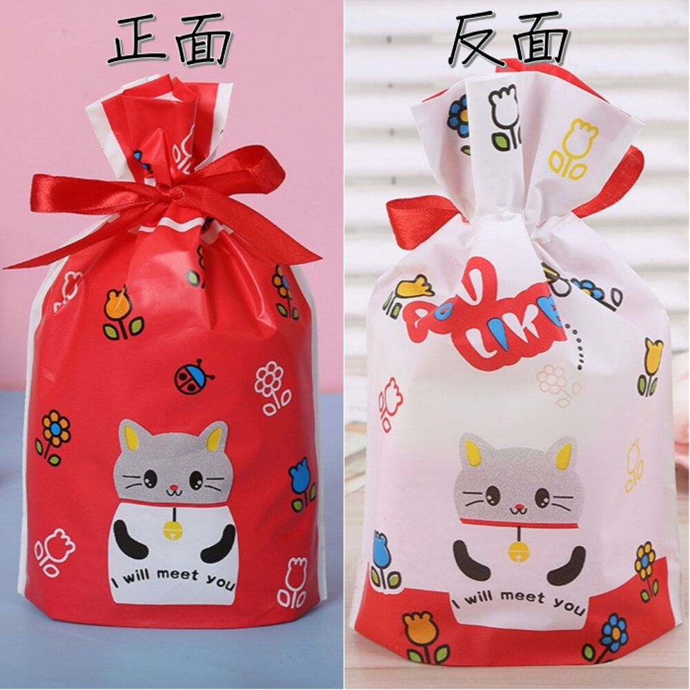 23258035996-《巧緻》 白底 紅底 小貓 束口袋 抽繩袋 點心袋 糖果袋 包裝袋 禮物袋 ，抽繩袋