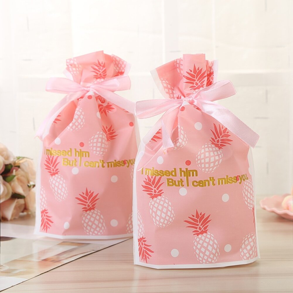 23358034840-《巧緻》 粉色鳳梨 束口袋 抽繩袋 點心袋 糖果袋 包裝袋 禮物袋 ，抽繩袋