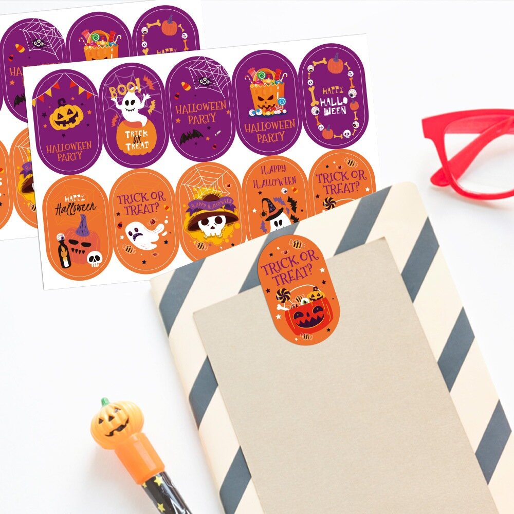 29012275428-《巧緻》 10貼 萬聖節貼紙 橢圓形貼紙 蜘蛛網 幽靈 南瓜 南瓜怪 巫婆 骷髏 蝙蝠 ，橢圓萬聖節封口貼