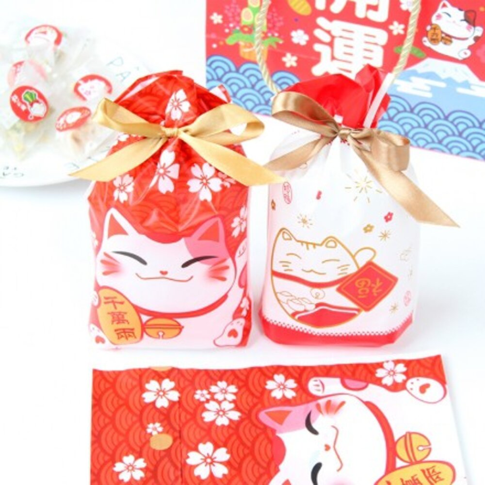 5211226183-巧緻烘焙網 招財貓 發財福貓 束口袋 抽繩袋 點心袋 糖果袋 包裝袋 禮物袋 ，抽繩袋