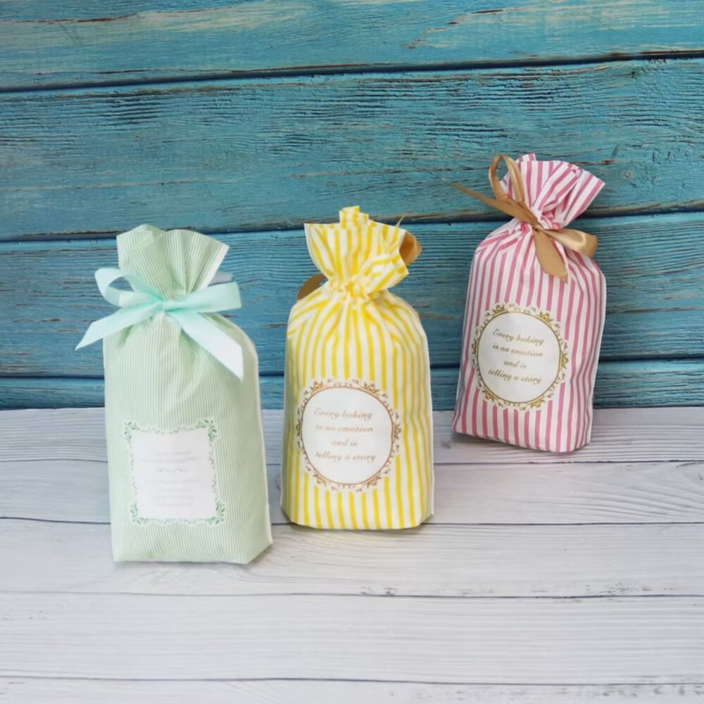 990327218-黃白條紋 粉白條紋 綠條紋 束口袋 抽繩袋 點心袋 糖果袋 包裝袋 禮物袋 ，小號抽繩袋