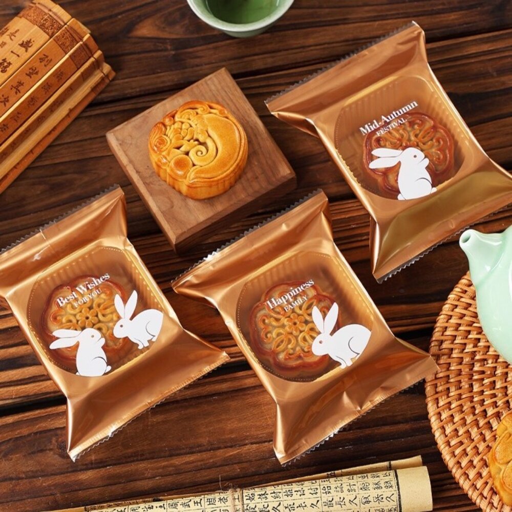 F237-金玉兔 金底 亮面 熱封袋 中秋節包裝 月餅包裝袋 蛋黃酥包裝袋  機封袋 ， 金玉兔月餅袋