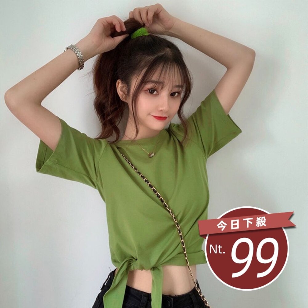 10302531512-【台灣發貨】韓版設計感扭結短版上衣 短版上衣 短板上衣 衣服 女裝 t恤 短袖t恤【T321】