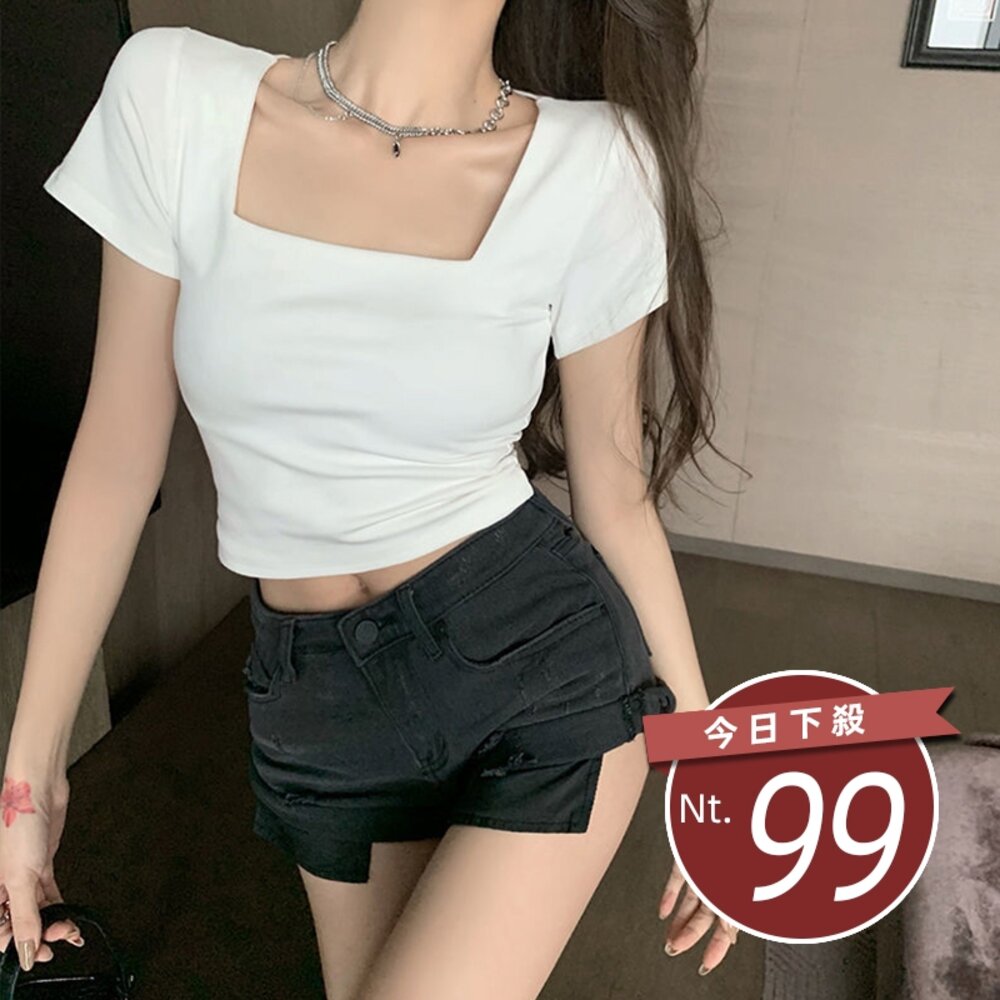 10419442612-【台灣發貨】韓版方領設計感小眾短版小心機 衣服 女裝 t恤 短袖t恤 上衣【T355】