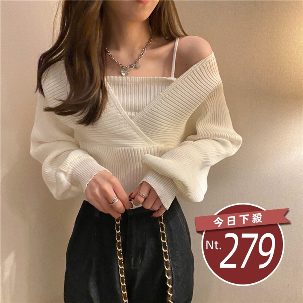 10478440575-【台灣發貨】韓版假兩件寬鬆泡泡袖長袖上衣 長袖上衣 長袖t恤 衣服 女裝 上衣【W242】