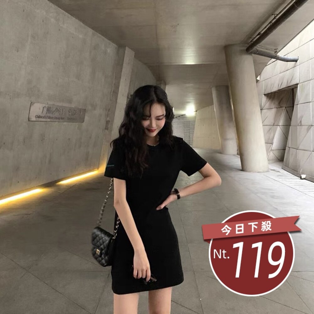 11315692620-【台灣發貨】韓版小個子黑色連衣裙 短袖上衣 衣服 女裝 t恤 短袖t恤 上衣 【T218】