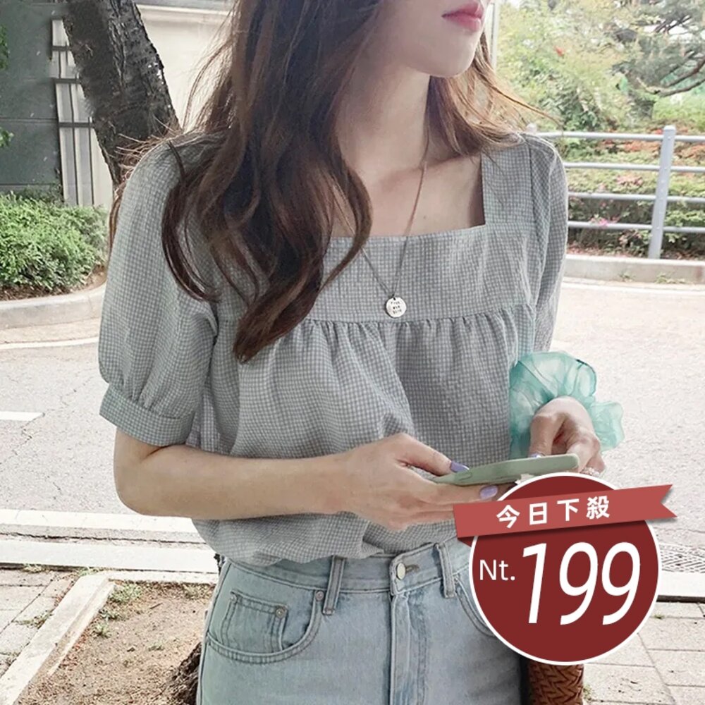 11334543094-【台灣發貨】韓版小清新格子方領短袖襯衫 衣服 女裝 t恤 短袖t恤 上衣【T371】