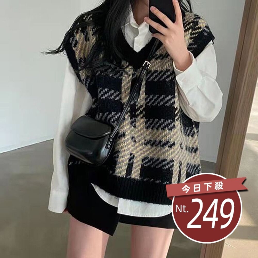 11468386421-【台灣發貨】韓版線條v領針織背心 長袖上衣 長袖t恤 衣服 女裝 上衣【W226】