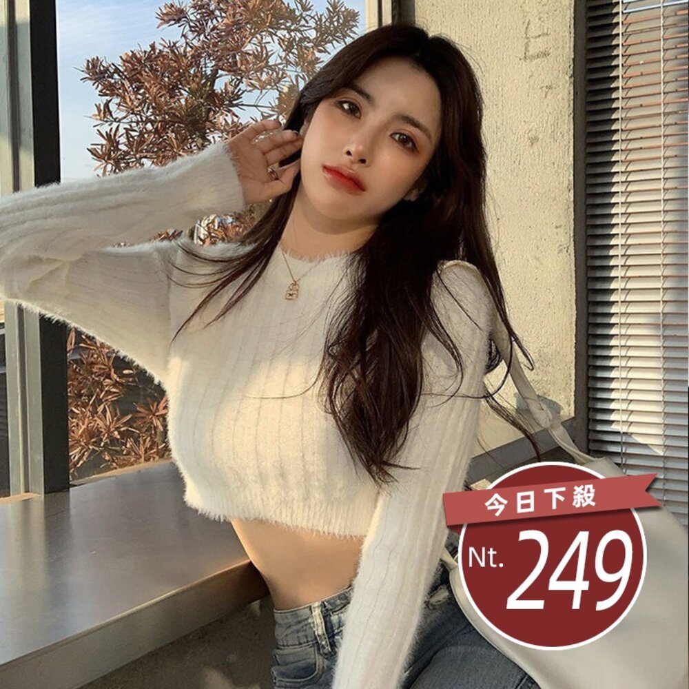 11680724978-【台灣發貨】韓版高腰顯瘦圓領短版毛衣 長袖上衣 長袖t恤 衣服 女裝 上衣【W254】