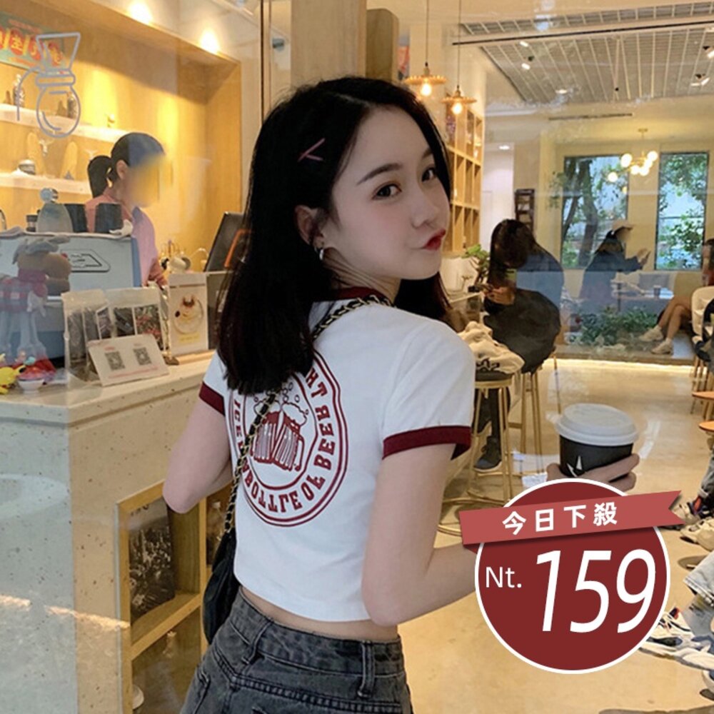 11734566840-【台灣發貨】韓版前後印花拼接短版上衣短袖上衣 衣服 女裝 t恤 短袖t恤 上衣【T373】