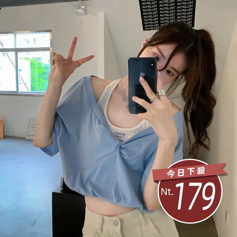 11949814212-【台灣發貨】韓版設計感假兩件小眾寬鬆短款上衣 衣服 女裝 t恤 短袖t恤 上衣【T388】