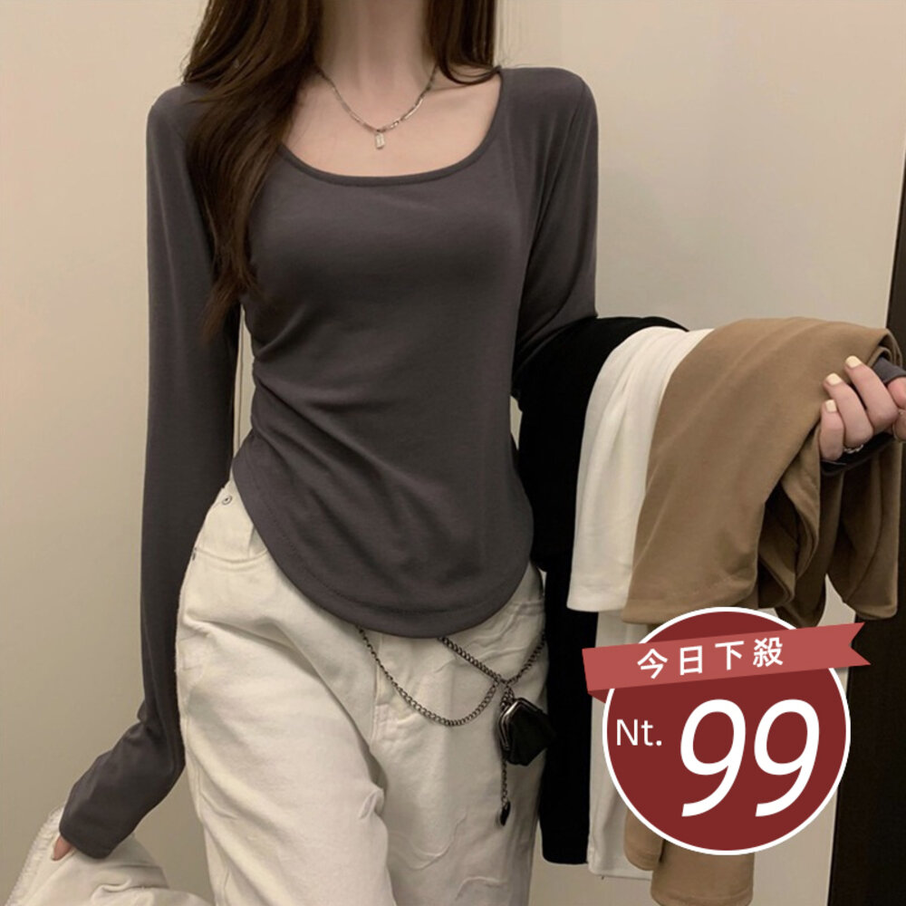 11968395475-【台灣發貨】韓版彈性修身顯瘦不規則長袖上衣 長袖上衣 長袖t恤 衣服 女裝 上衣【W202】