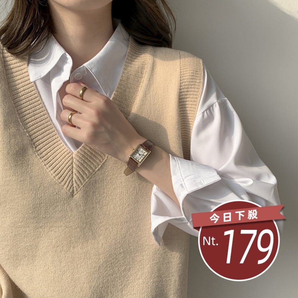 12144119281-【台灣發貨】韓版V領復古簡約寬鬆針織背心 長袖上衣 長袖t恤 衣服 女裝 上衣【W176】