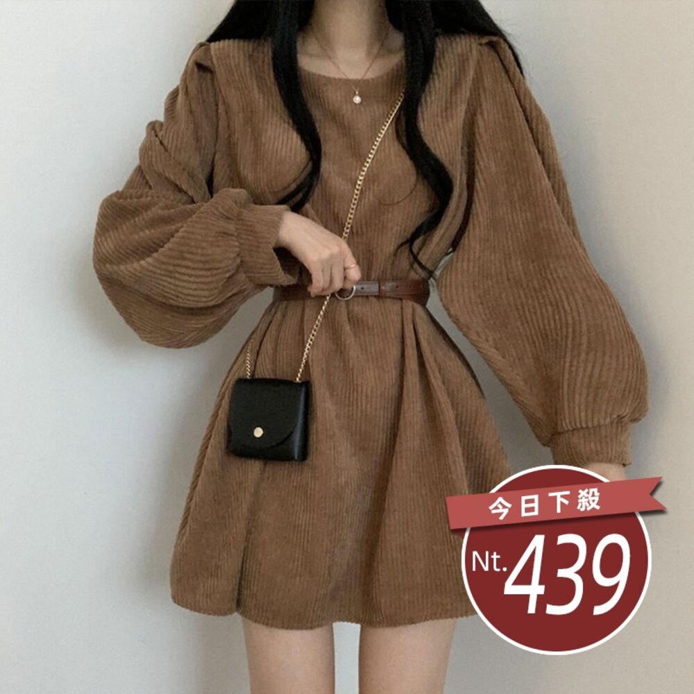 12261861530-【台灣發貨】韓版複古小個子氣質泡泡袖燈芯絨洋裝 連身裙 吊帶裙 吊帶褲 女裝【S161】