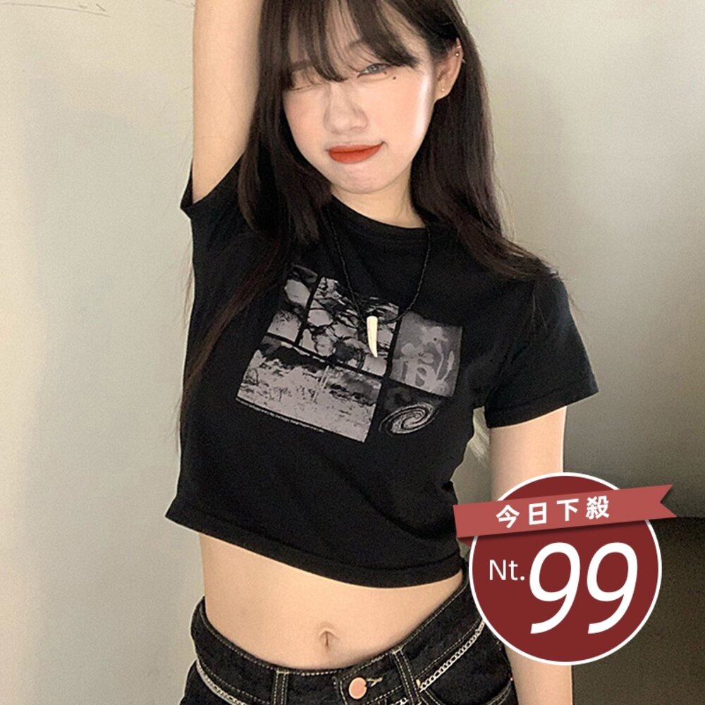 12293929813-【台灣發貨】韓版彈性緊身圖案短版上衣 衣服 女裝 t恤 短袖t恤 上衣【T436】