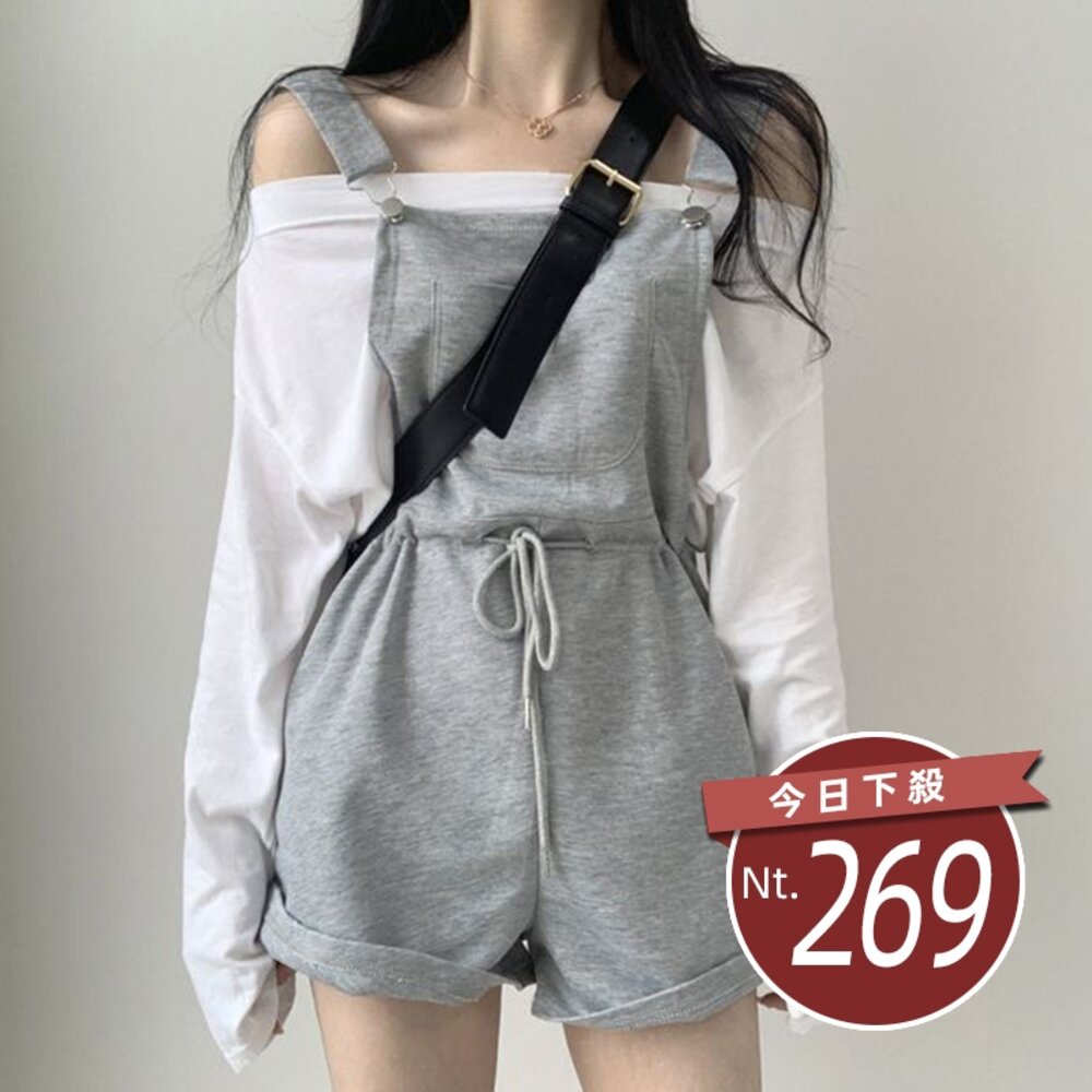 12724918795-【台灣發貨】韓版休閒百搭收腰寬鬆背帶短褲【S140】