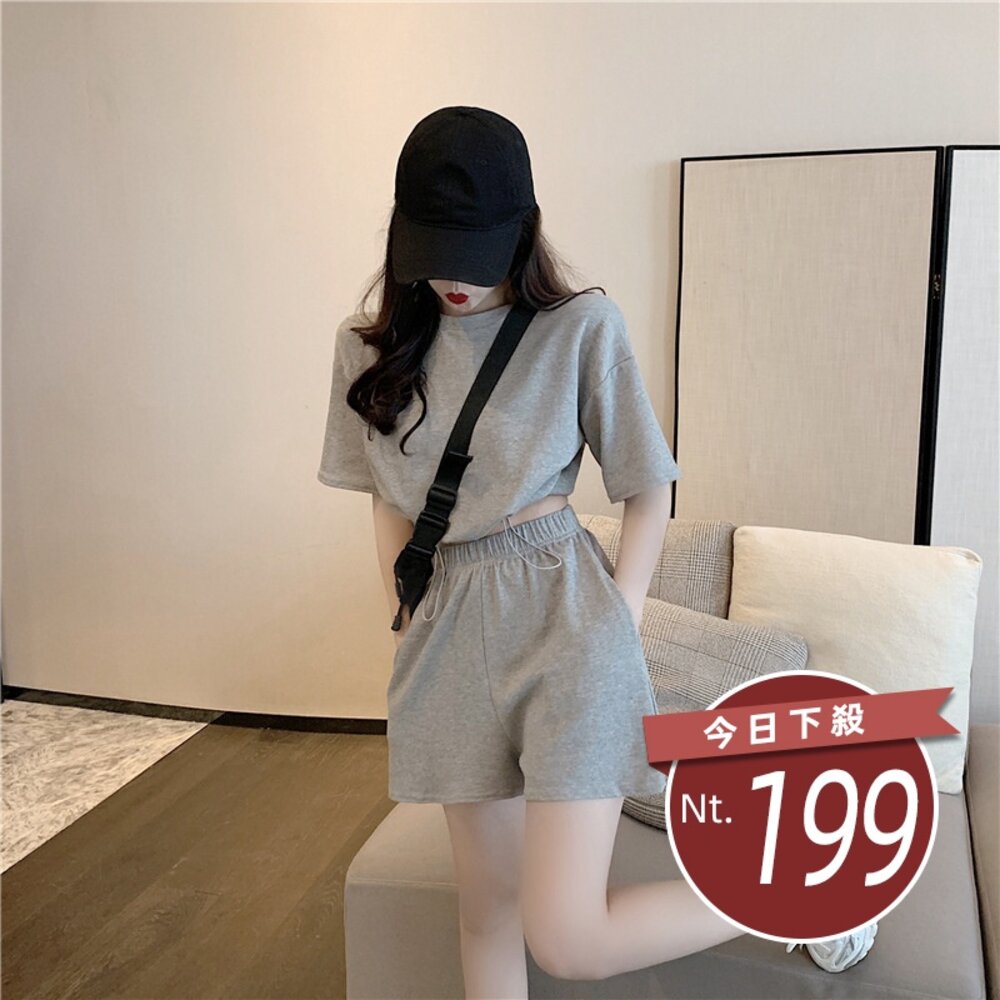 12911554406-【台灣發貨】韓版運動高腰短版上衣+短褲 兩件套 衣服 女裝 t恤 短袖t恤 上衣【S138】
