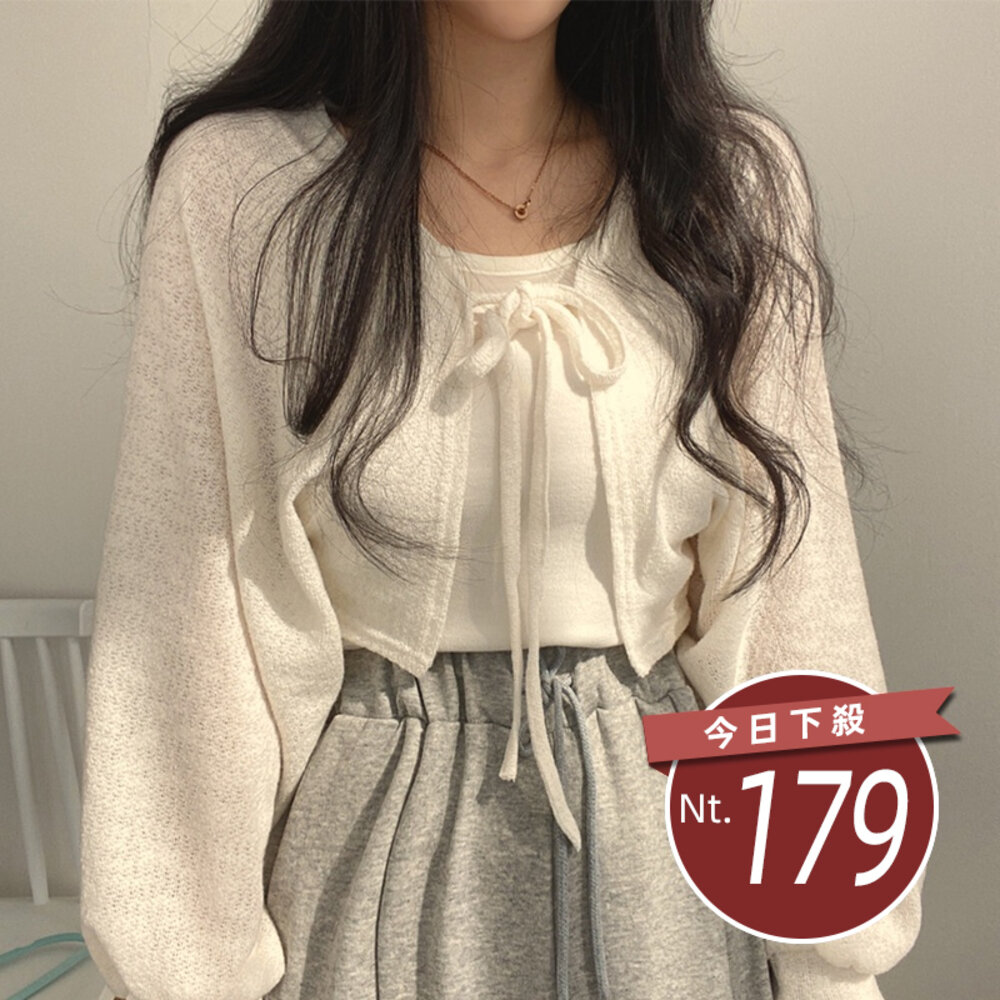 12995234367-【台灣發貨】韓版復古綁帶薄款泡泡袖短版外套 外套 防曬外套 女裝 上衣 衣服 【J213】