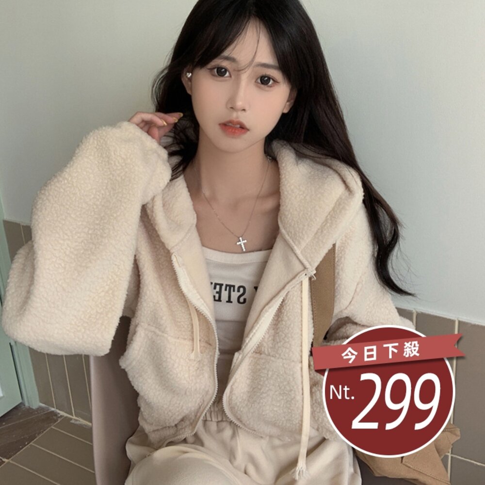 12999813938-【台灣發貨】韓版毛絨連帽短版外套 外套 防曬外套 女裝 上衣 衣服 【J180】