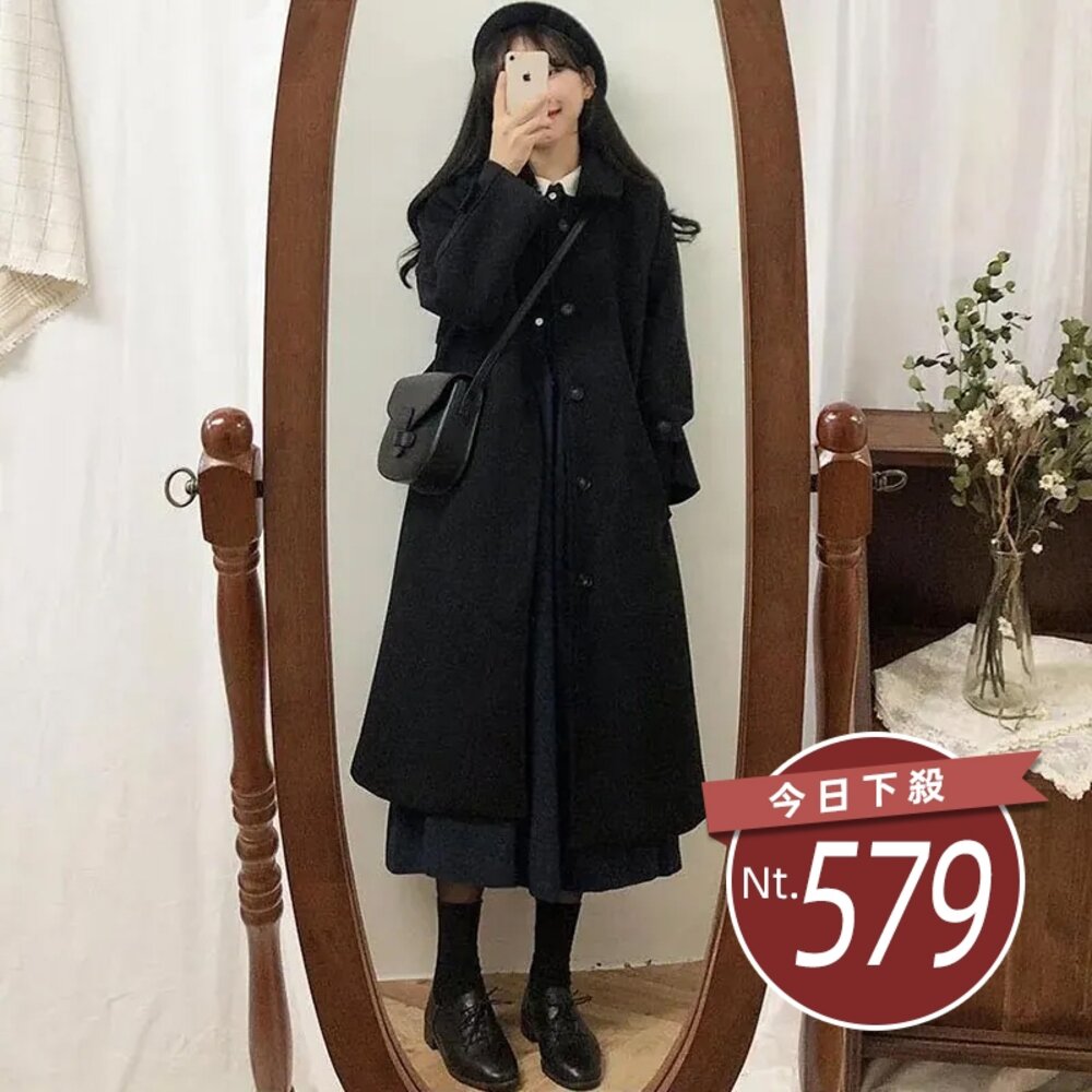 13660835525-【台灣發貨】韓版英倫風長版黑色大衣 外套 防曬外套 女裝 上衣 衣服【J181】