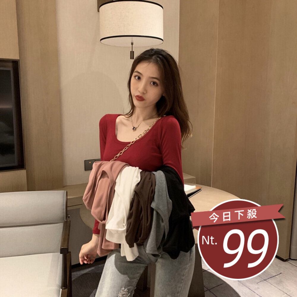 14094007804-【台灣發貨】韓版圓領打底彈性顯瘦長袖上衣 長袖上衣 長袖t恤 衣服 女裝 上衣【W296】