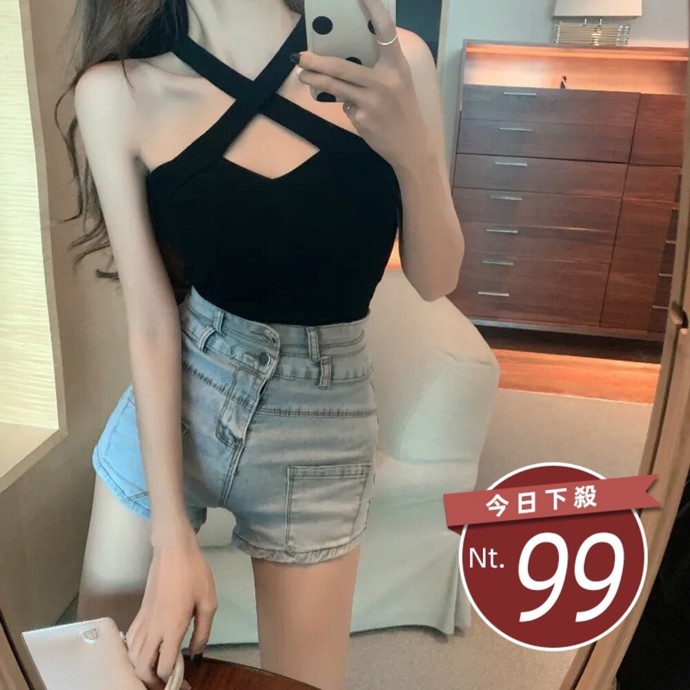 14272445454-【台灣發貨】韓版性感露肩前交叉美背短版背心 小可愛 背心 衣服 女裝 上衣【V187】