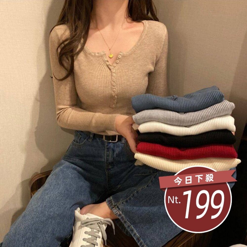14362556752-【台灣發貨】韓版排釦小眾針織上衣 長袖上衣 長袖t恤 衣服 女裝 上衣【W272】