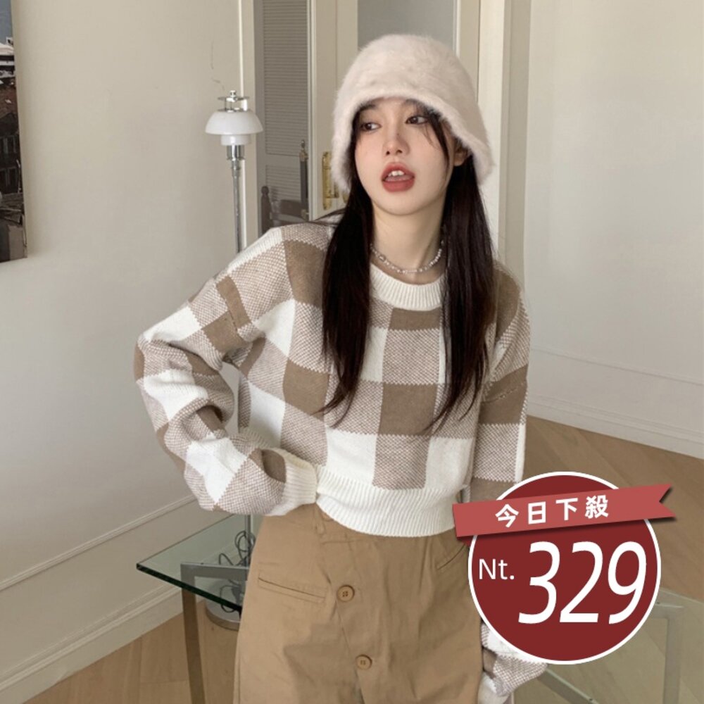 14528899451-【台灣發貨】韓版復古格子慵懶風毛衣 長袖上衣 長袖t恤 衣服 女裝 上衣【W251】