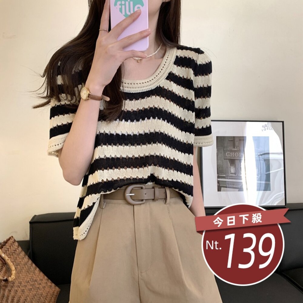 14989948194-【台灣發貨】韓版復古條紋鏤空薄款針織上衣 衣服 女裝 t恤 短袖t恤 上衣【T467】