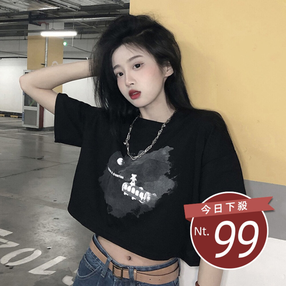 15283600840-【台灣發貨】韓版圖案圓領短版上衣 衣服 女裝 t恤 短袖t恤 上衣【T411】