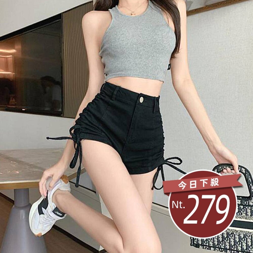 15285805897-【台灣發貨】韓版高腰顯瘦彈性拉繩牛仔短褲 短褲 褲子 女裝【P186】