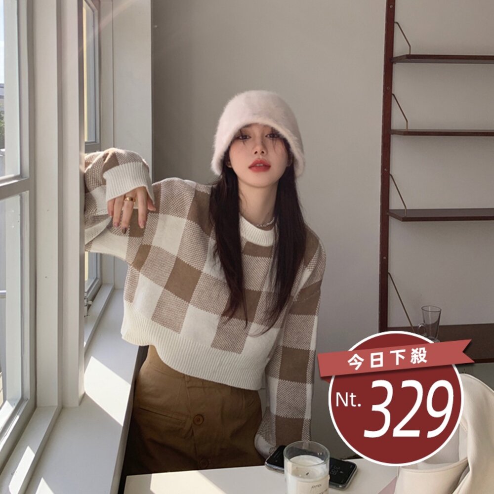 15429616588-【台灣發貨】韓版復古格子慵懶風毛衣 長袖上衣 長袖t恤 衣服 女裝 上衣【W251】