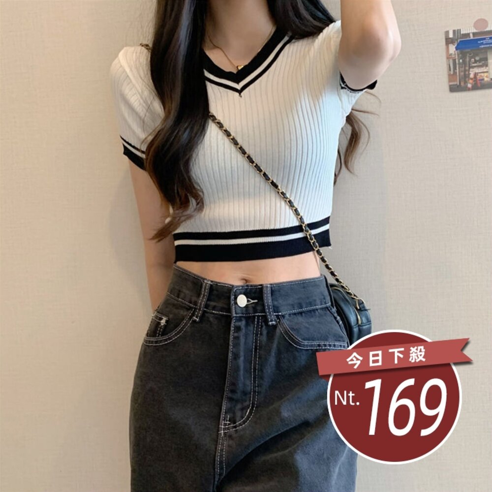 15493017989-【台灣發貨】韓版復古V領針織短版上衣 衣服 女裝 t恤 短袖t恤 上衣【T485】