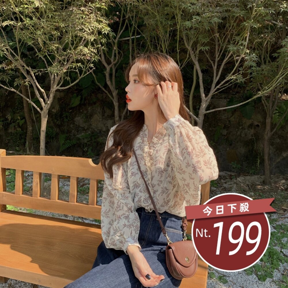 15612715910-【台灣發貨】韓版雪紡碎花薄款長袖上衣 長袖上衣 長袖t恤 衣服 女裝 上衣【W237】