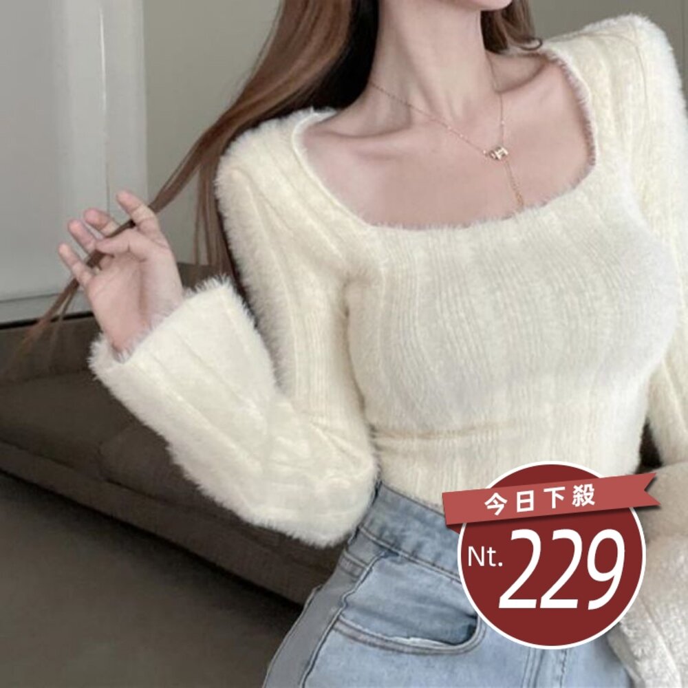 15695750888-【台灣發貨】韓版純欲風露鎖骨方領針織上衣 長袖上衣 長袖t恤 衣服 女裝 上衣【W290】