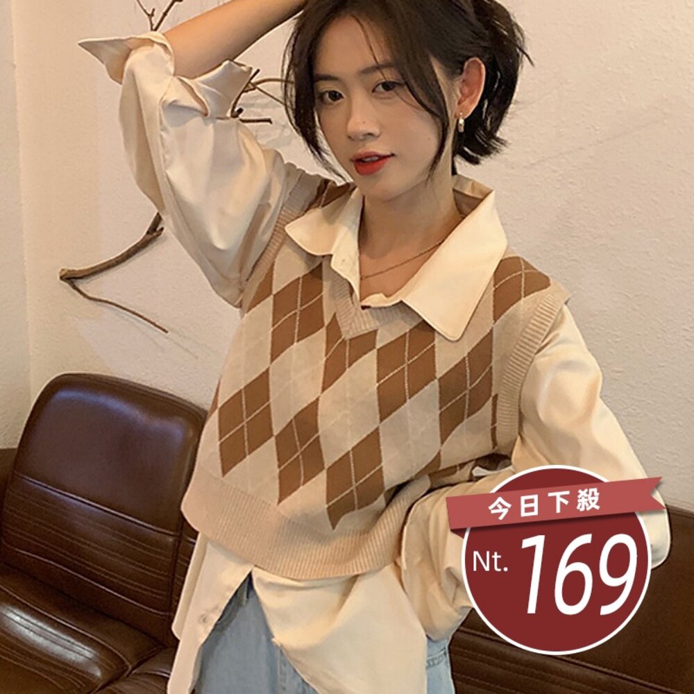 15811138323-【台灣發貨】韓版復古v領菱格針織背心 長袖上衣 長袖t恤 衣服 女裝 上衣 【W230】