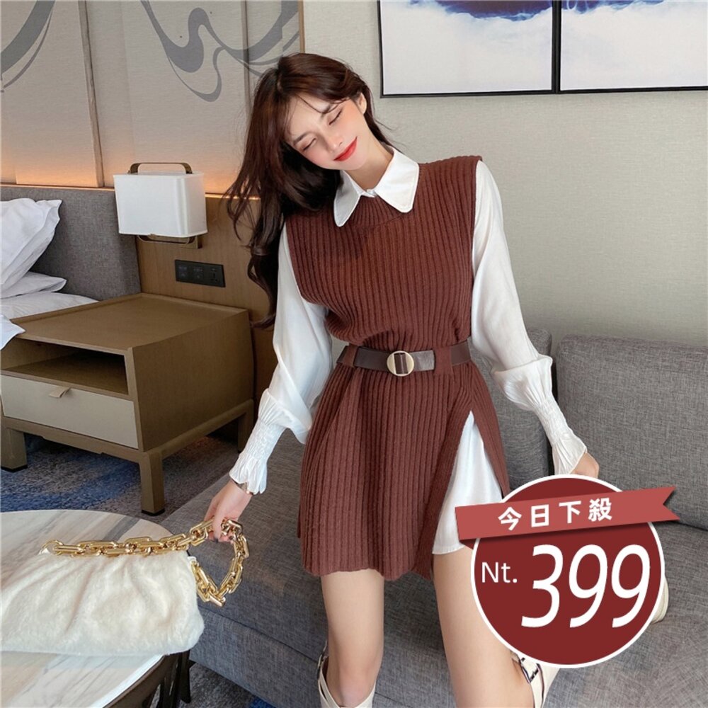 16022806674-【台灣發貨】韓版氣質收腰顯瘦針織背心+襯衫 長袖上衣 長袖t恤 衣服 女裝 上衣【S174】