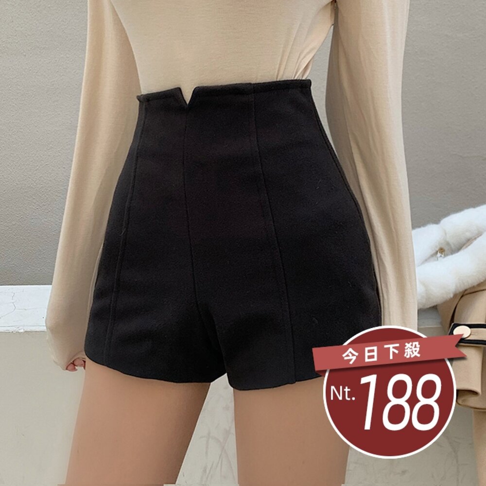 16333783069-【台灣發貨】韓版黑色休閒顯瘦高腰短褲 【P121】
