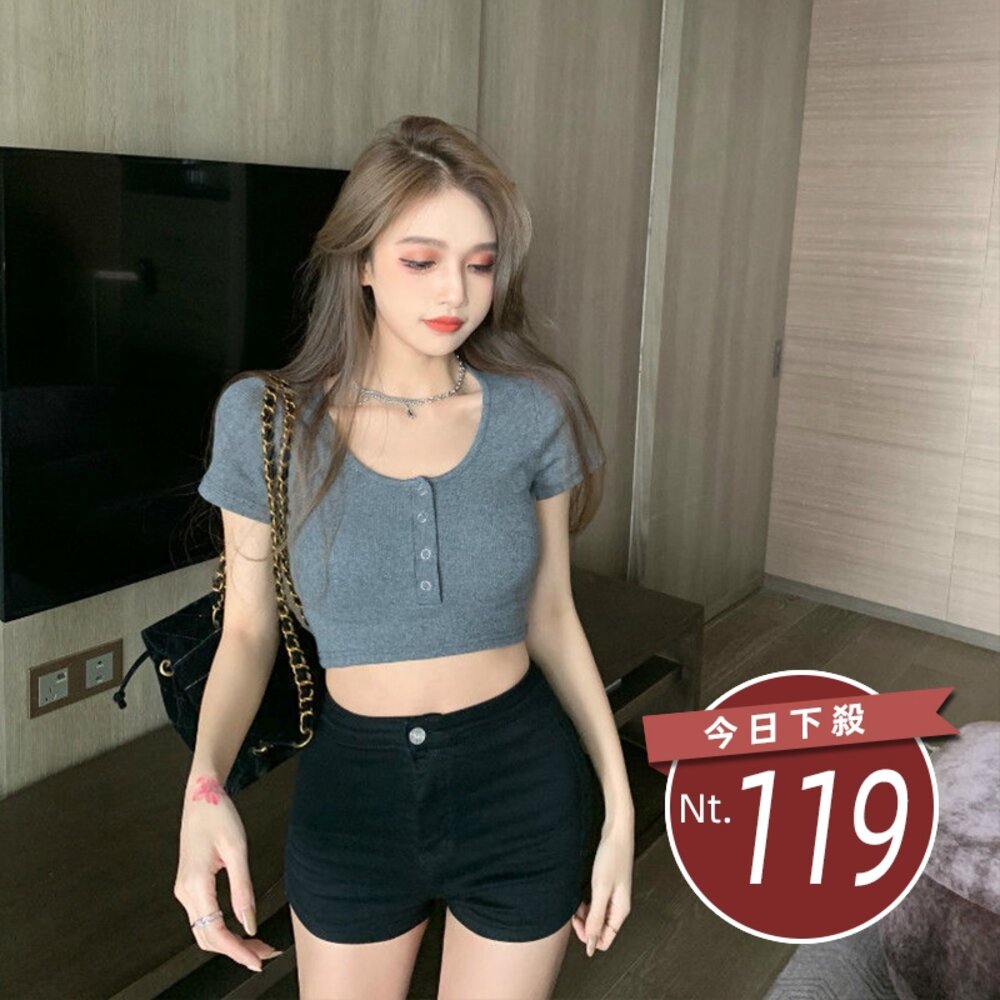 16357674960-【台灣發貨】韓版圓領高腰顯瘦小心機短袖上衣 衣服 女裝 t恤 短袖t恤 上衣【T409】