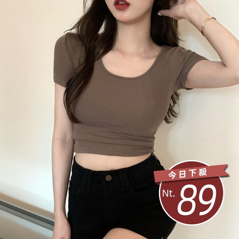 16566147241-【台灣發貨】韓版素色圓領短版上衣 衣服 女裝 t恤 短袖t恤 上衣【T407】