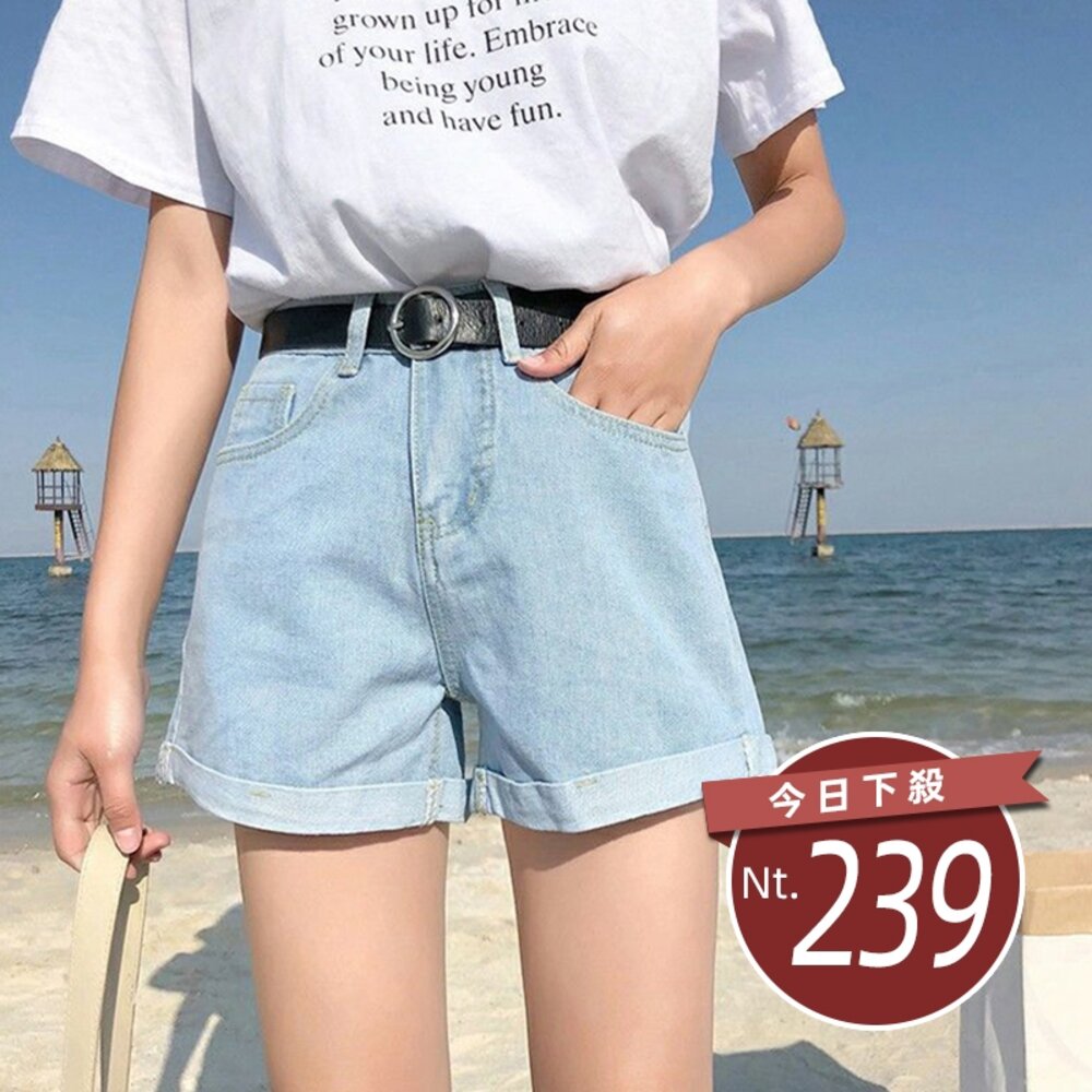 16971106827-【台灣發貨】韓版百搭小個子捲邊復古牛仔短褲 短褲 褲子 女裝【P80】