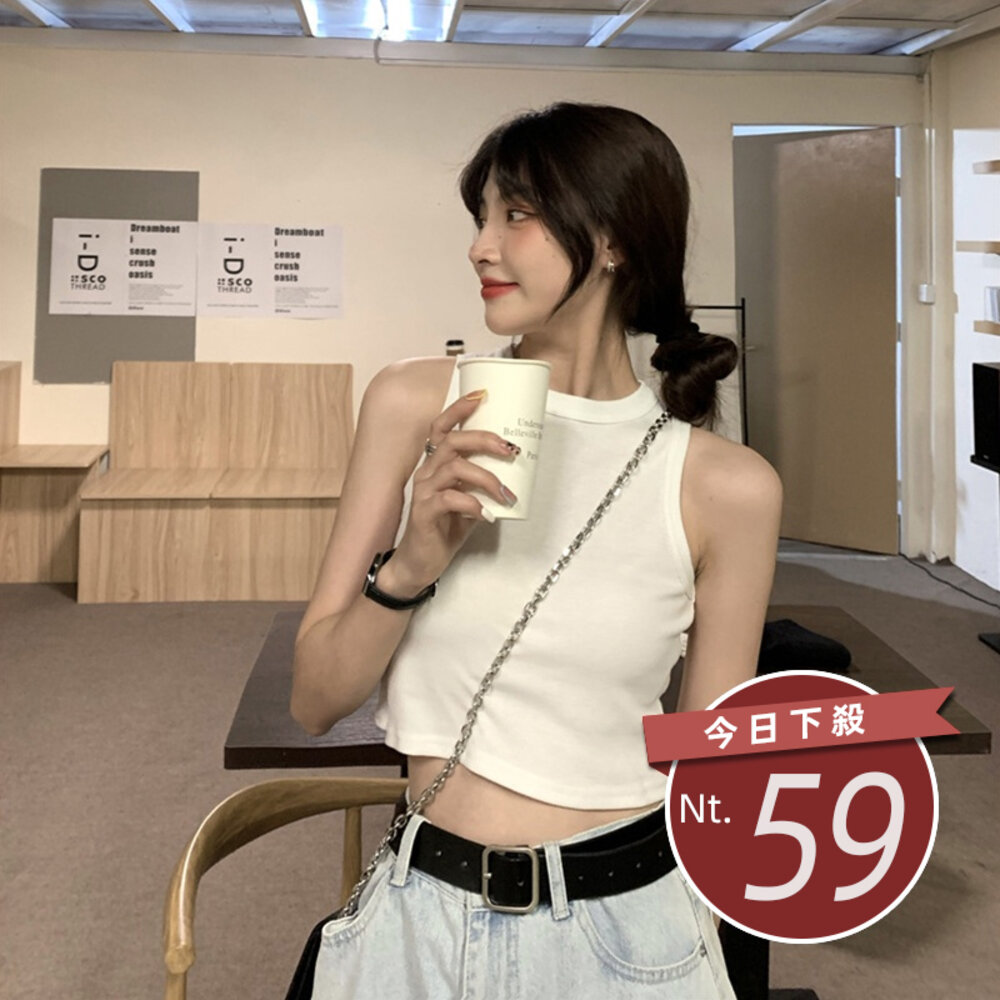 17257206182-【台灣發貨】韓版圓領顯瘦設計感短版背心 小可愛 背心 衣服 女裝 上衣【V199】