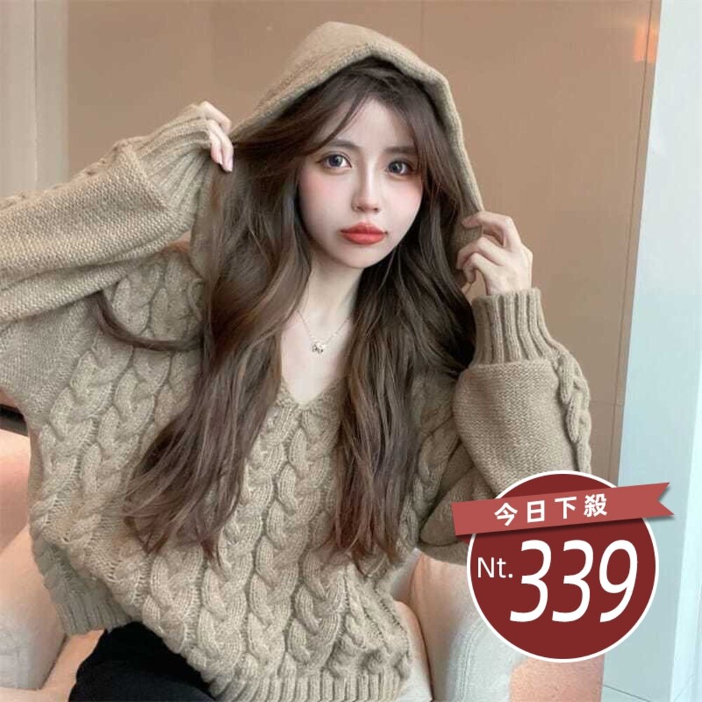 17491771520-【台灣發貨】韓版寬鬆慵懶風小眾麻花連帽上衣 長袖上衣 長袖t恤 衣服 女裝 上衣【W379】