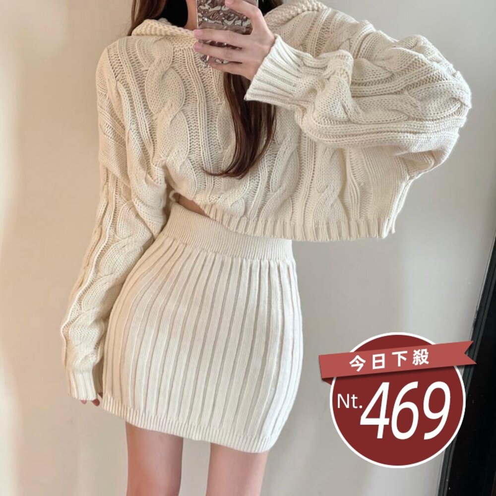 17506585854-【台灣發貨】韓版復古連帽針織毛衣+針織短裙 套裝 長袖上衣 長袖t恤 衣服 女裝 上衣【S169】