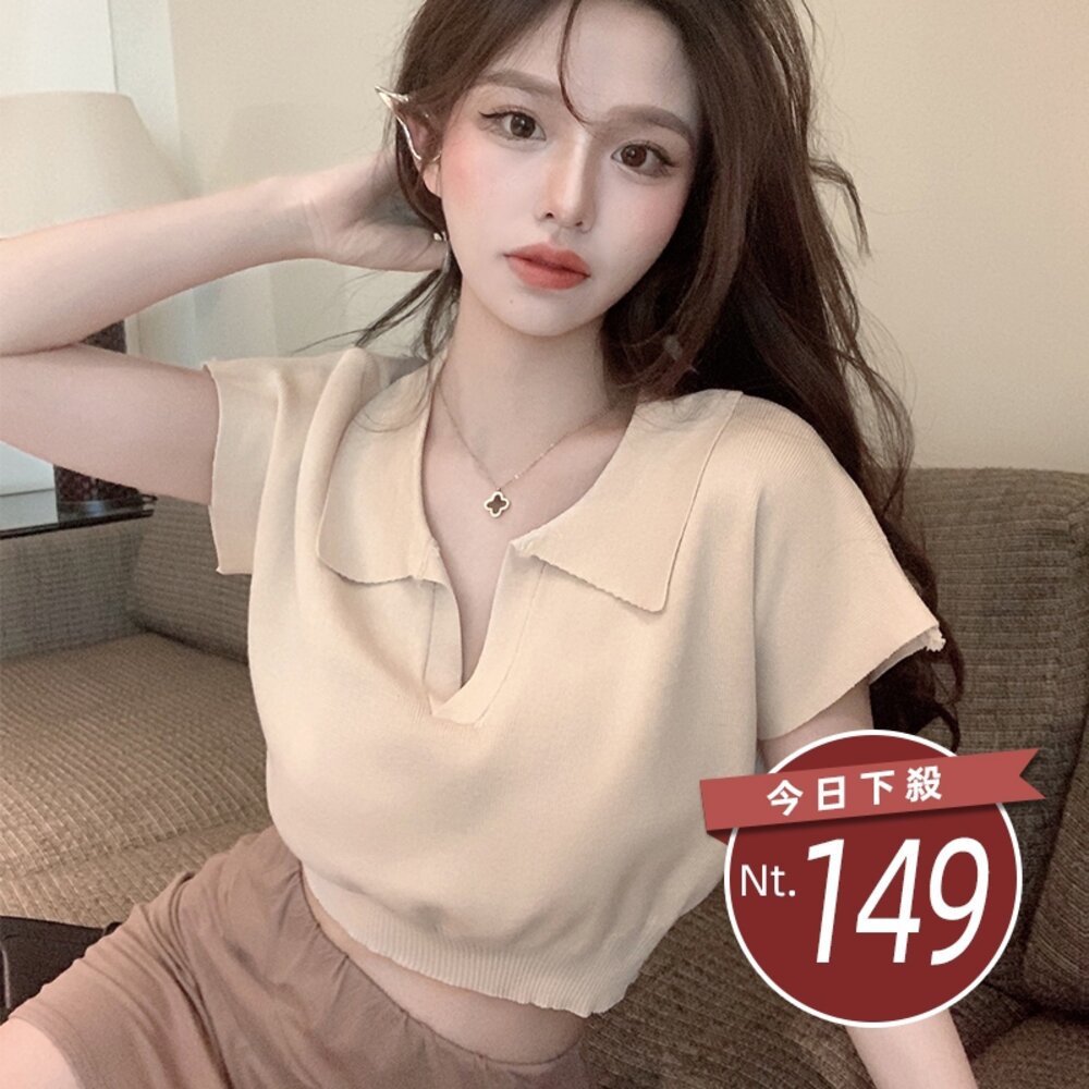 17943635147-【台灣發貨】韓版簡約翻領休閒百搭短版上衣 衣服 女裝 t恤 短袖t恤 上衣【T391】