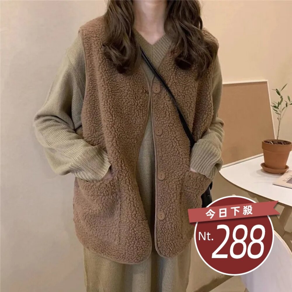 18058097646-【台灣發貨】韓版復古仿羊羔毛背心外套 長袖上衣 長袖t恤 衣服 女裝 上衣【J153】