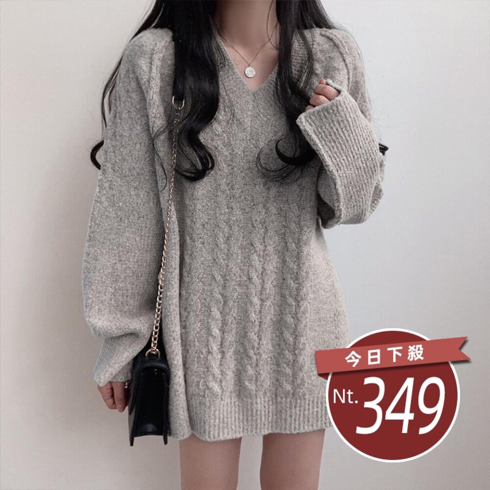 18163094654-【台灣發貨】韓版寬鬆V領麻花長版毛衣 長袖上衣 長袖t恤 衣服 女裝 上衣【W354】