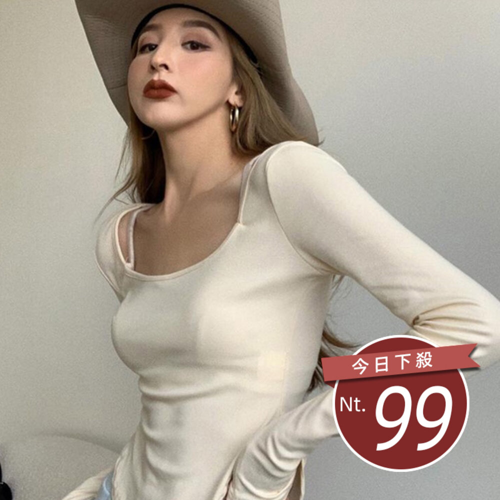 18261591190-【台灣發貨】韓版復古不規則氣質U領長袖上衣 長袖上衣 長袖t恤 衣服 女裝 上衣【W202】