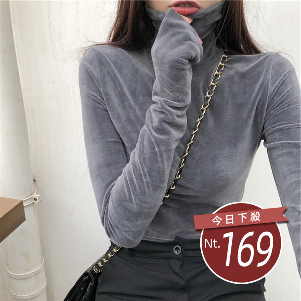 18461460661-【台灣發貨】韓版絲絨高領內搭長袖上衣 長袖上衣 長袖t恤 衣服 女裝 上衣【W342】